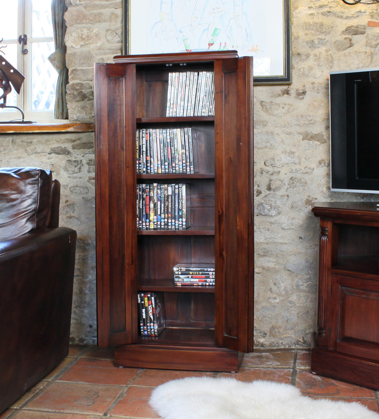 Mahogany Tall Slim CD DVD Storage Media Cupboard in Traditional Dark Wood Finish