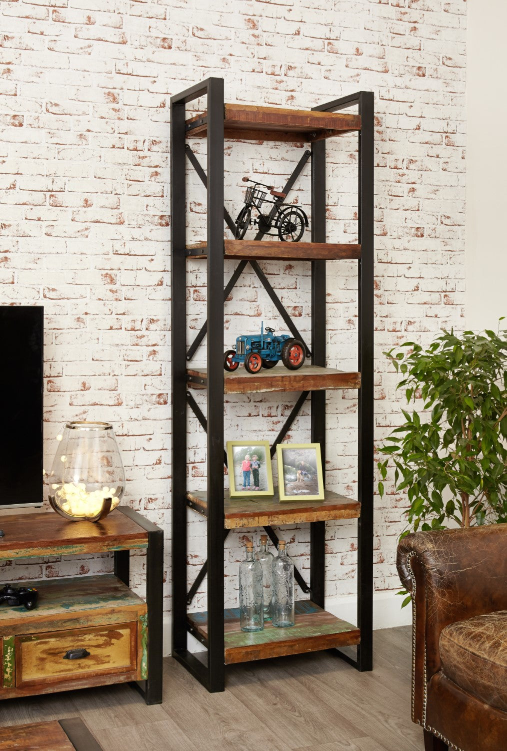 Slim Tall Narrow Alcove Bookcase Rustic Painted Metal Frame