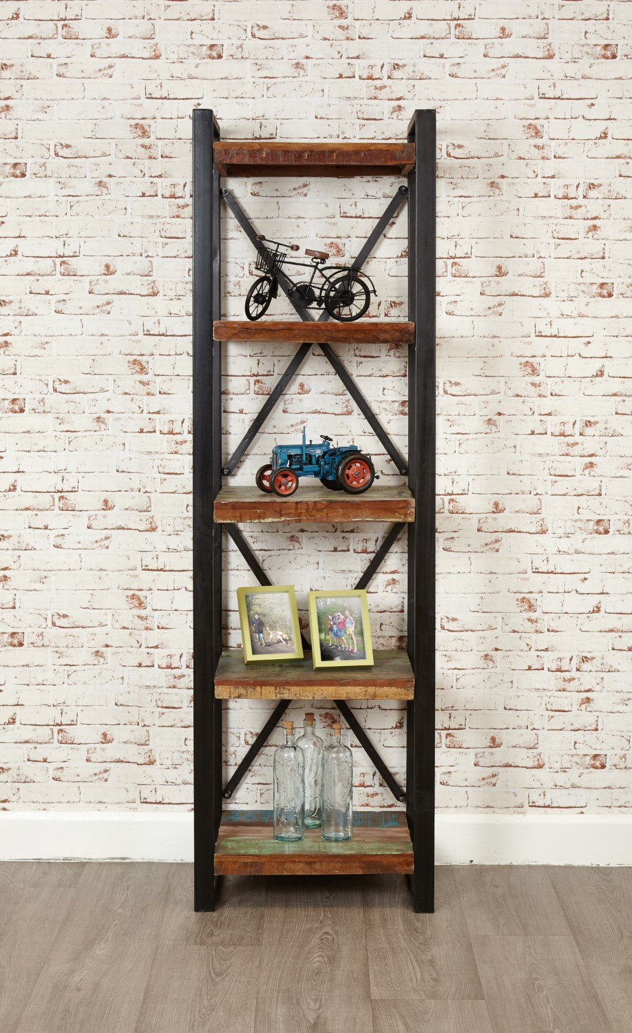 Slim Tall Narrow Alcove Bookcase Rustic Painted Metal Frame