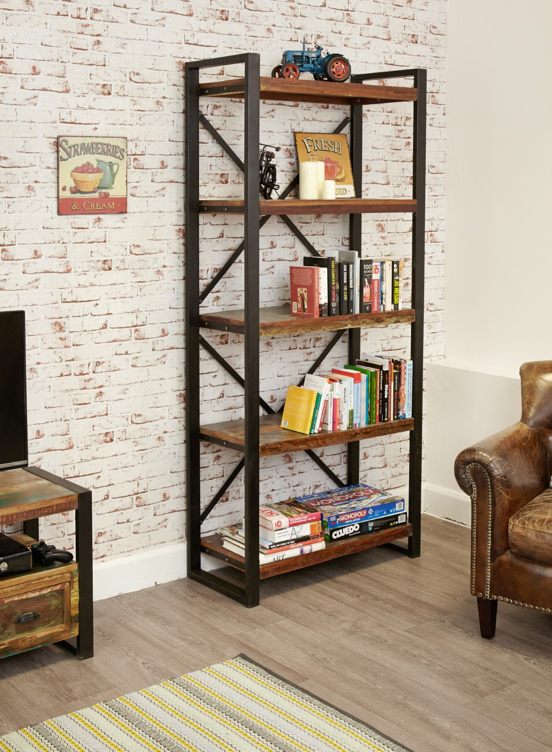 200cm Tall Rustic Large Bookcase Painted Open Wall Shelving Unit