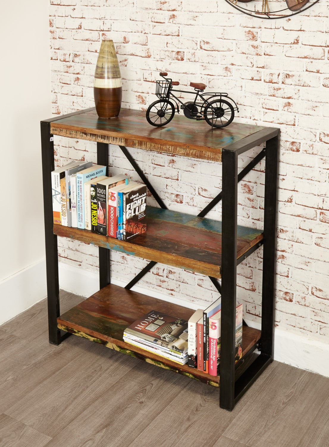 Rustic Low Open Bookcase Painted Reclaimed Shelving Display Unit