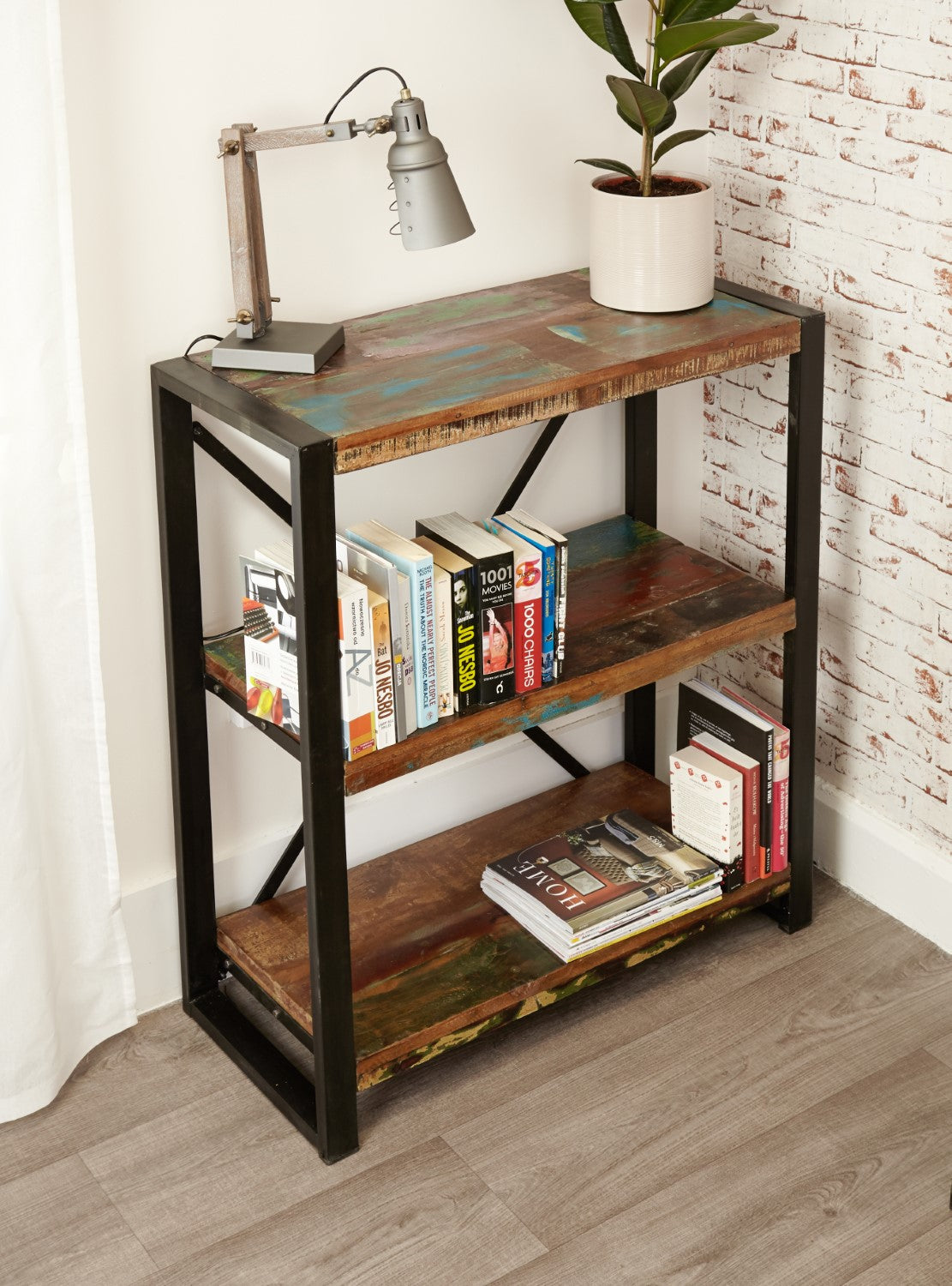 Rustic Low Open Bookcase Painted Reclaimed Shelving Display Unit