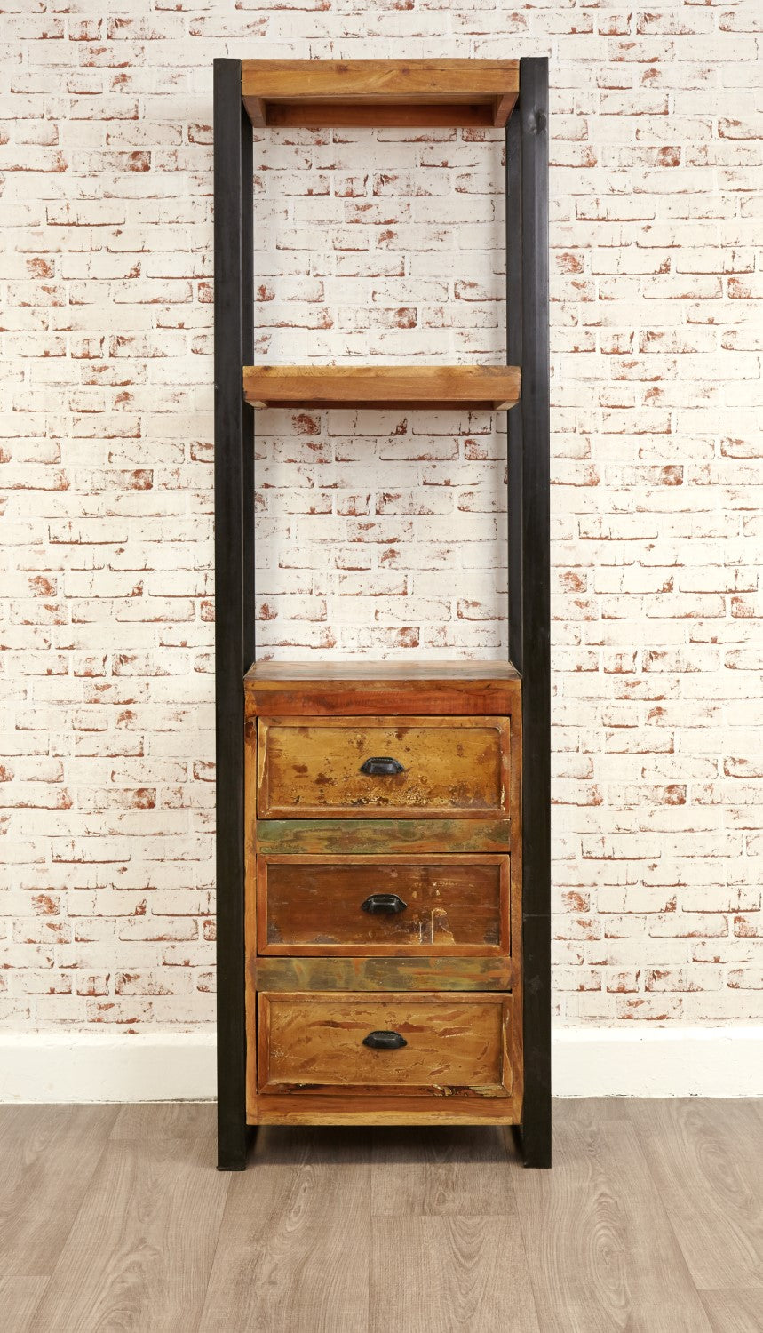 Rustic Tall Slim Bookcase Open Display Unit 3 Drawers Painted Boat Wood