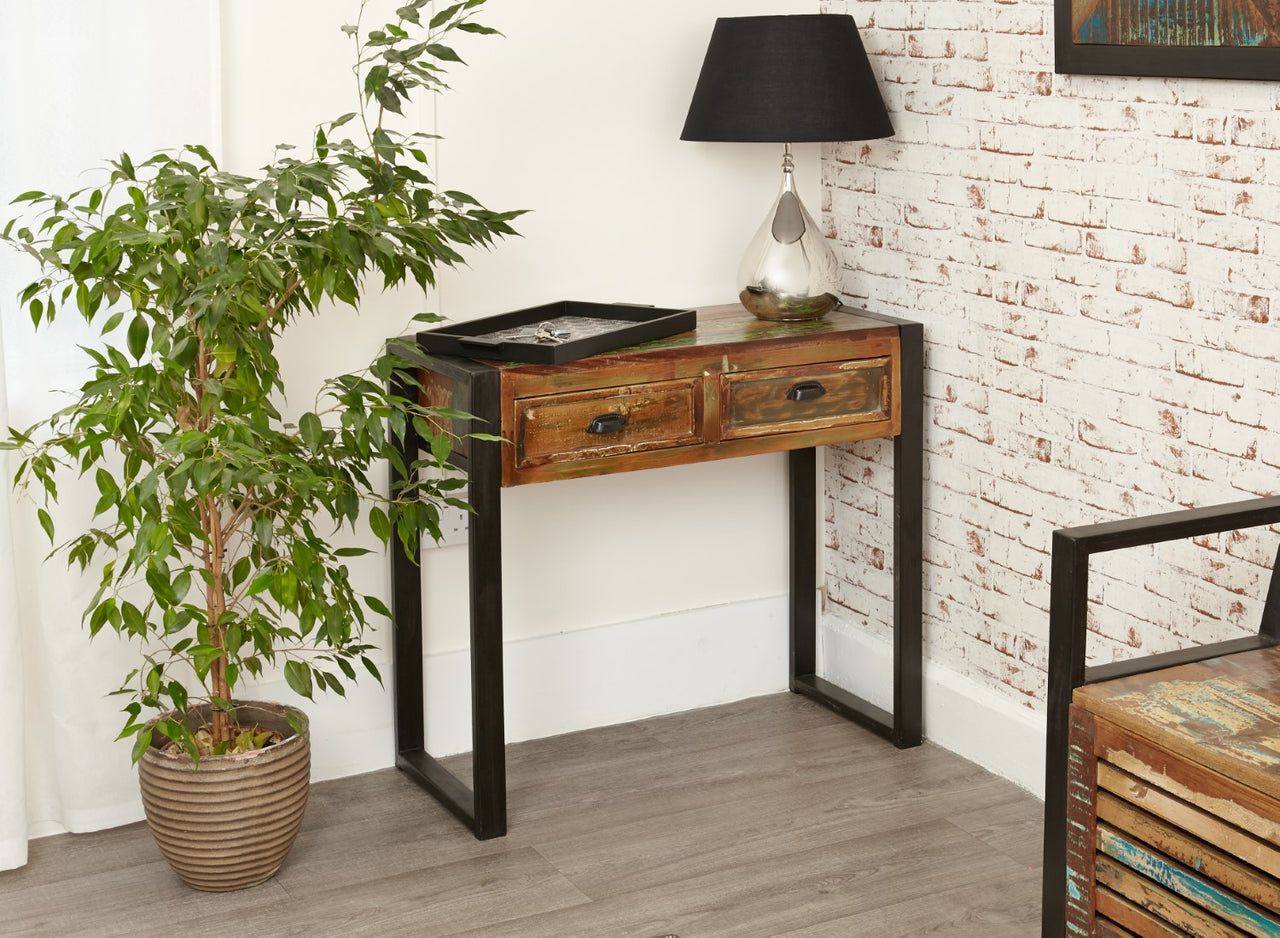 Rustic Console Table Painted Steel Framed and 2 Drawers