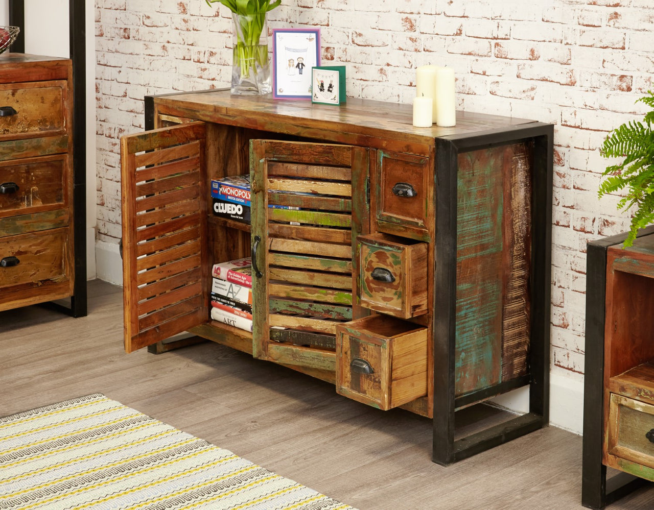 Large Sideboard 6 Drawers 2 Doors Rustic Reclaimed Wood Urban 125cm Wide