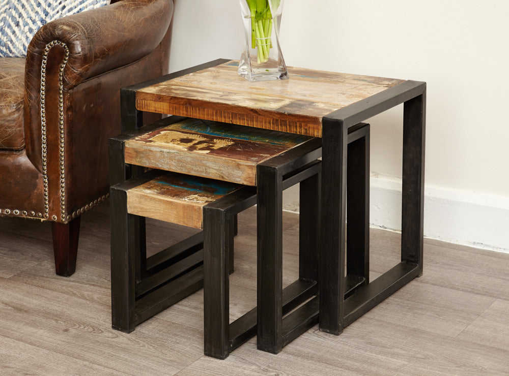 Rustic Reclaimed Wood Nest of 3 Tables Painted Black Metal Frame