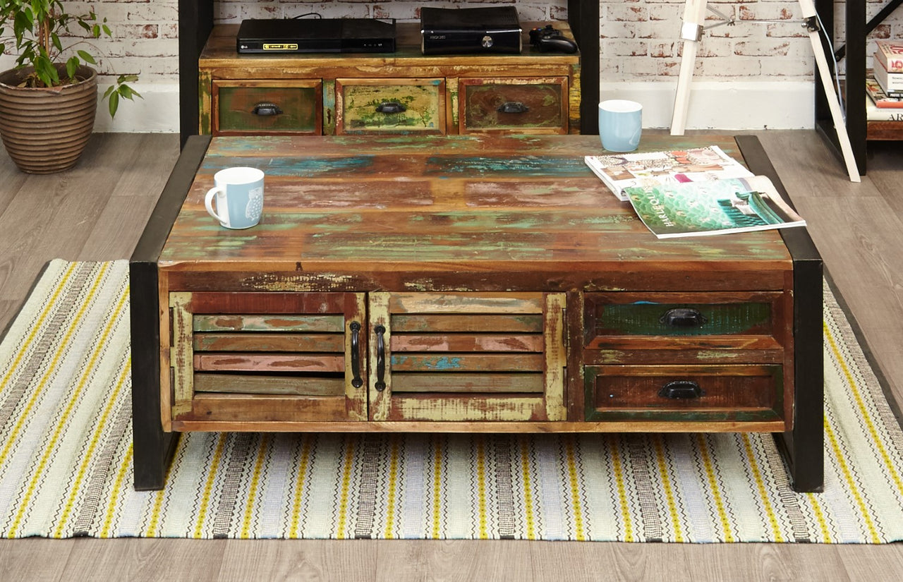 Rustic Painted Wood Large Storage Coffee Table