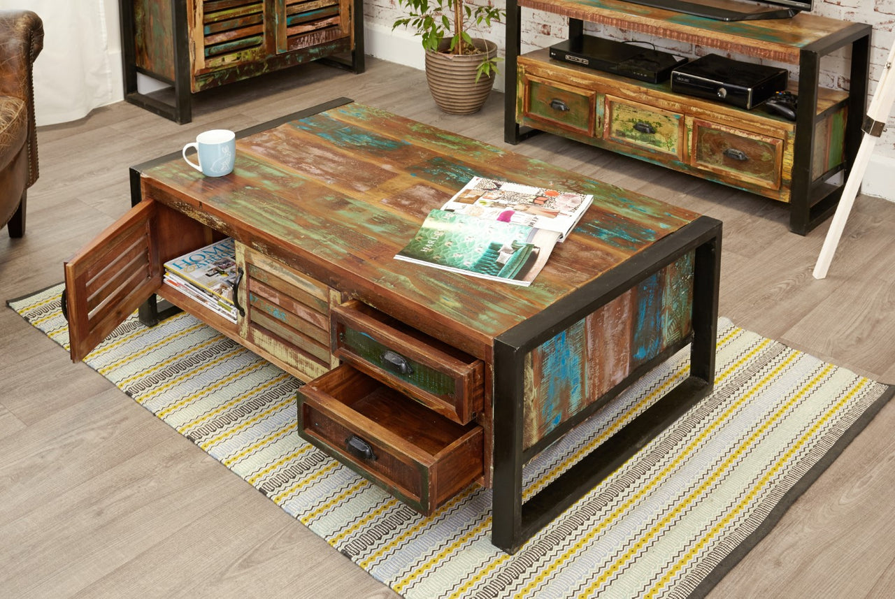 Rustic Painted Wood Large Storage Coffee Table