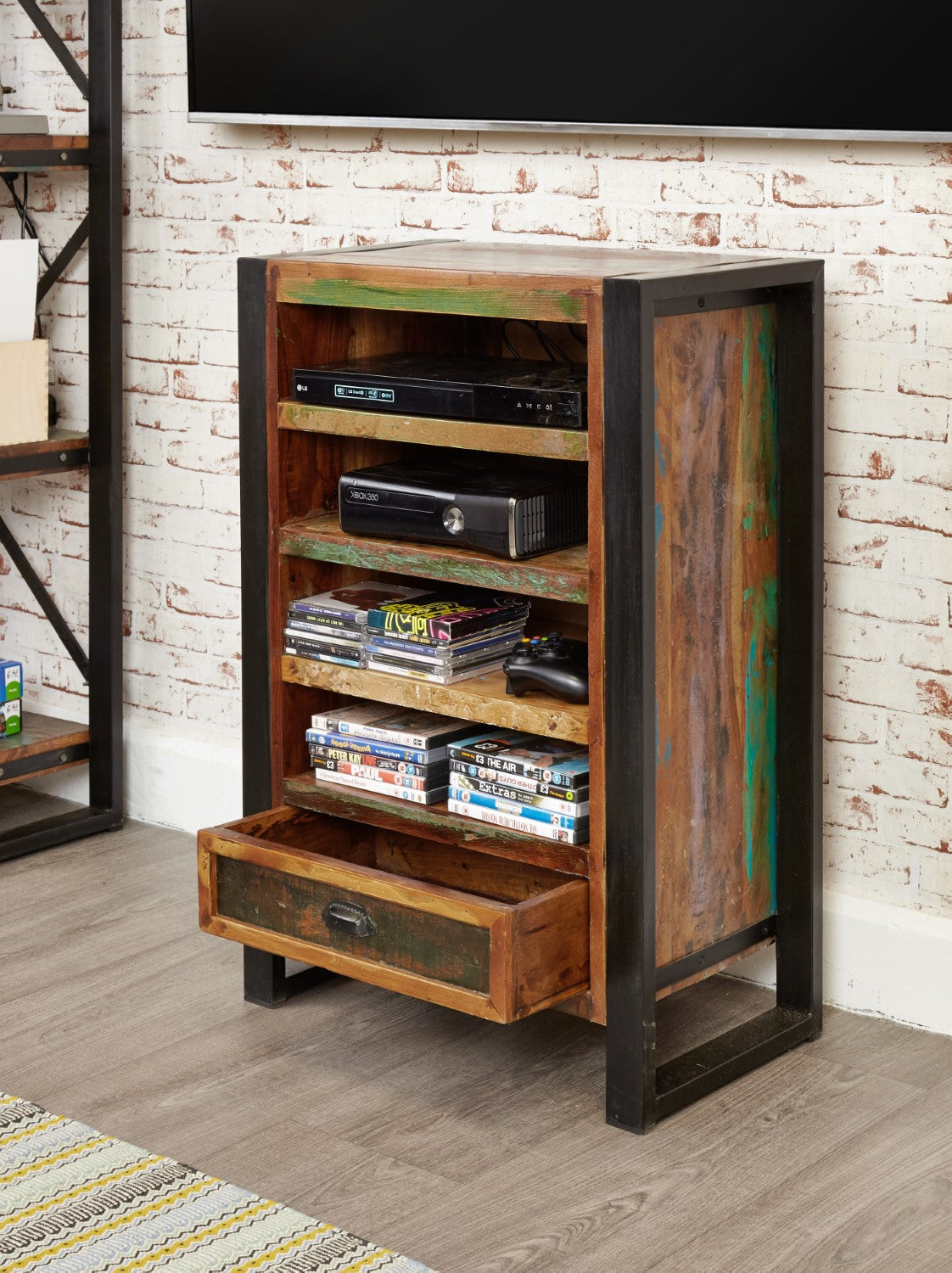 Wood Industrial Media Shelving Unit