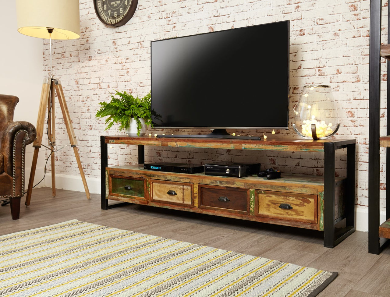 Reclaimed Wood Large Open Widescreen TV Cabinet Unit With Drawers