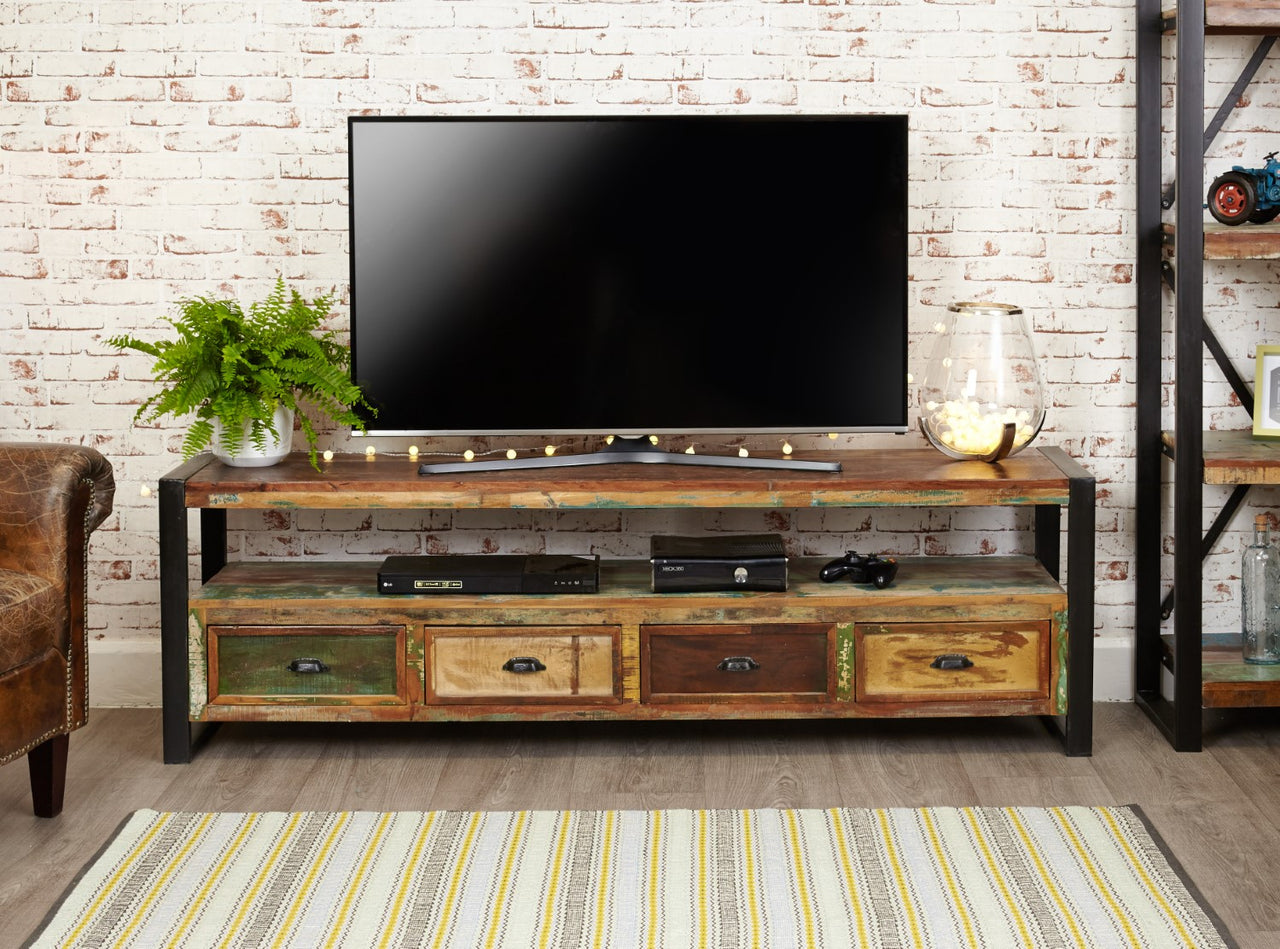 Reclaimed Wood Large Open Widescreen TV Cabinet Unit With Drawers