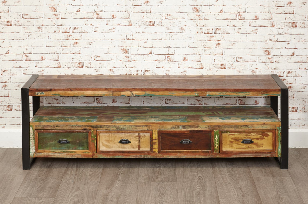 Reclaimed Wood Large Open Widescreen TV Cabinet Unit With Drawers