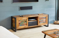 Thumbnail for Rustic Wood Low Widescreen TV Cabinet Unit Sliding Doors Black Metal Framed