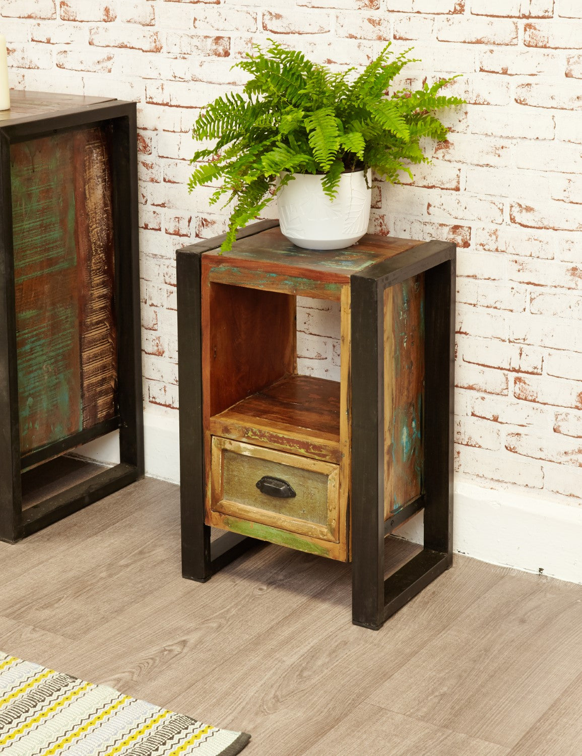 Pair of Rustic Painted Metal Framed Lamp Tables With Drawer