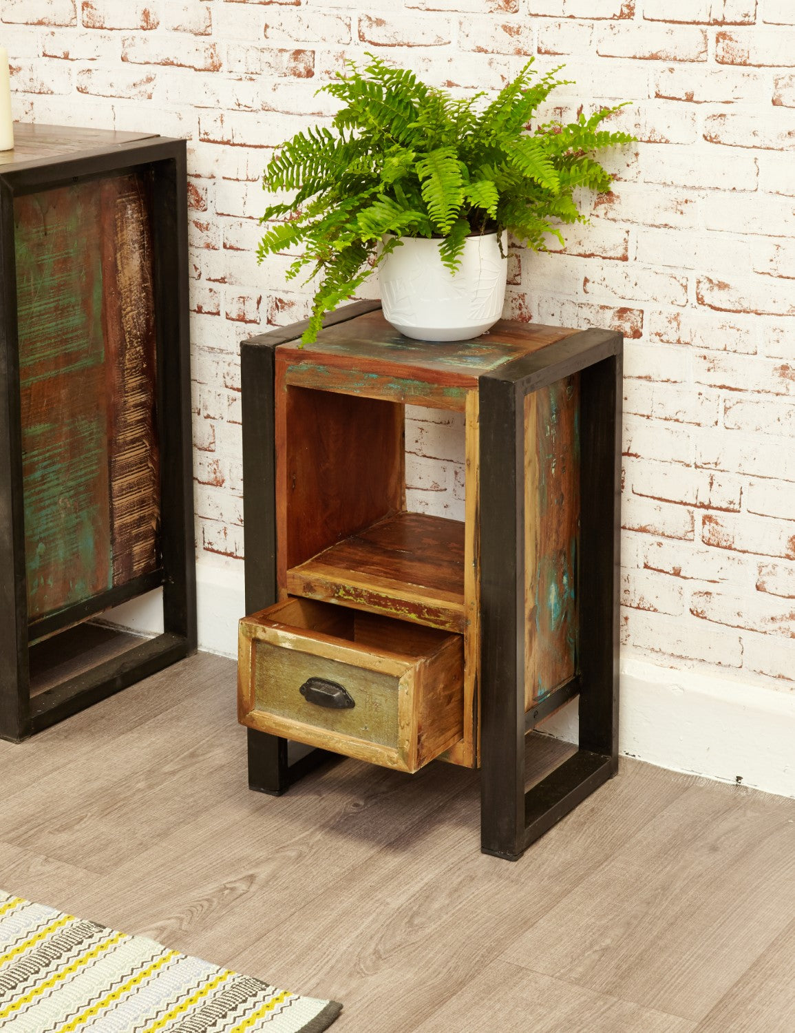 Pair of Rustic Painted Metal Framed Lamp Tables With Drawer