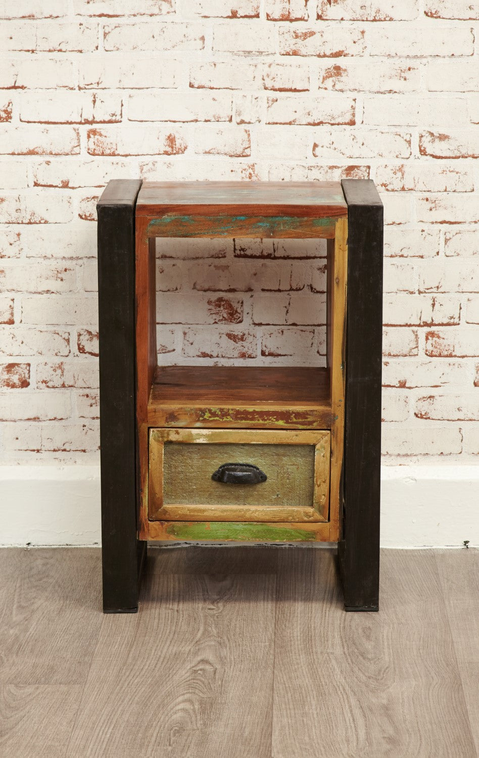 Pair of Rustic Painted Metal Framed Lamp Tables With Drawer