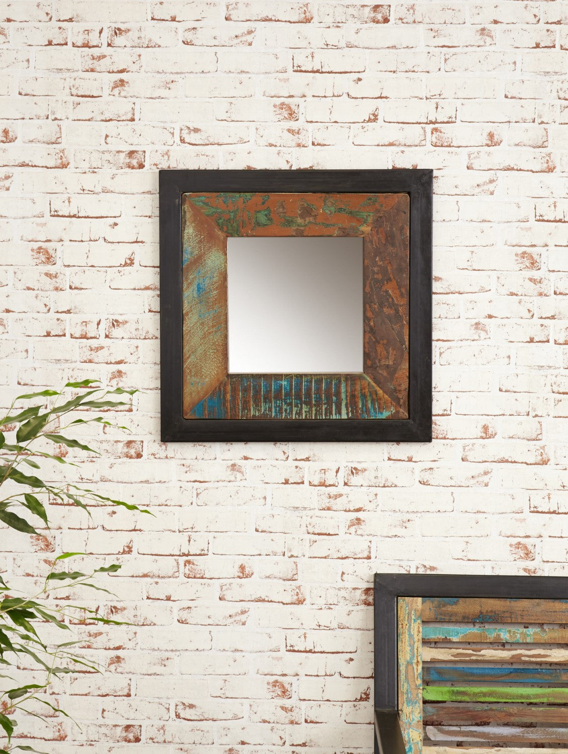 60cm Square Rustic Painted Wall Mirror Reclaimed Timbers