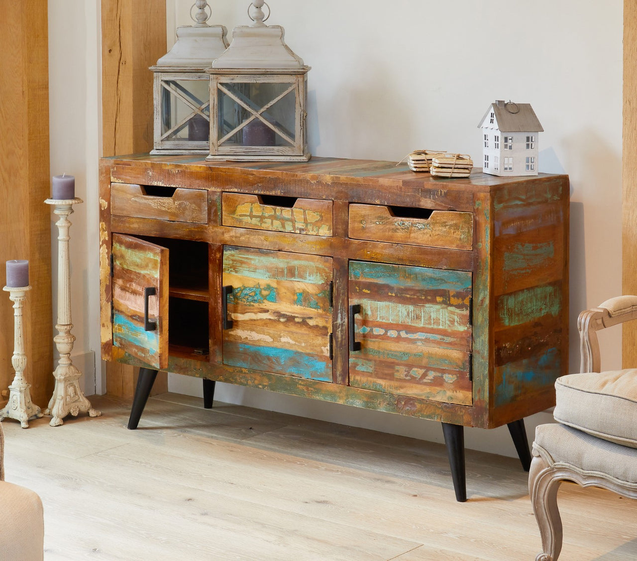 Large 3 Door Drawer Sideboard Rustic Reclaimed Painted Boat Wood