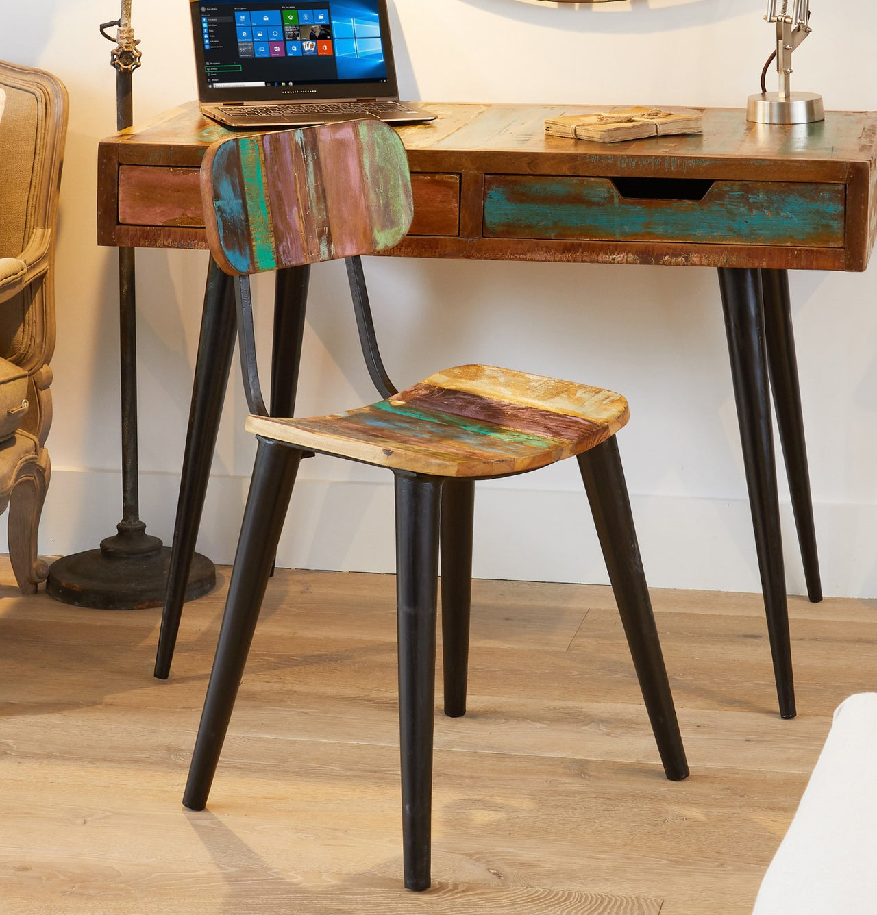 Pair of Rustic Painted Dining Chairs Metal Legs