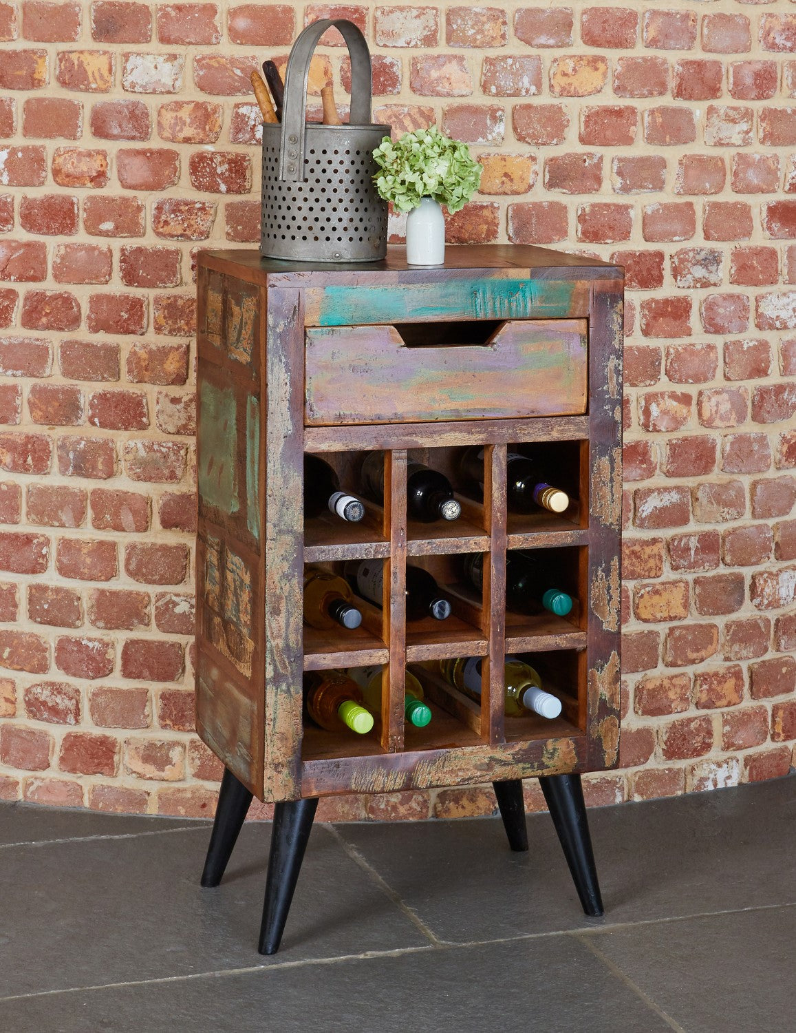 Small 9 Bottle Wine Rack Table Unit Rustic Painted