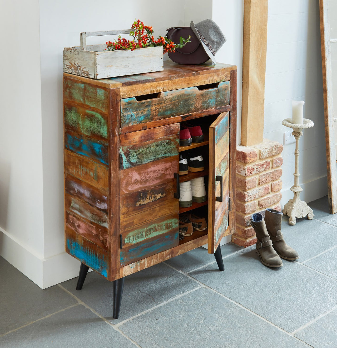 Rustic Painted Wooden Shoe Cupboard