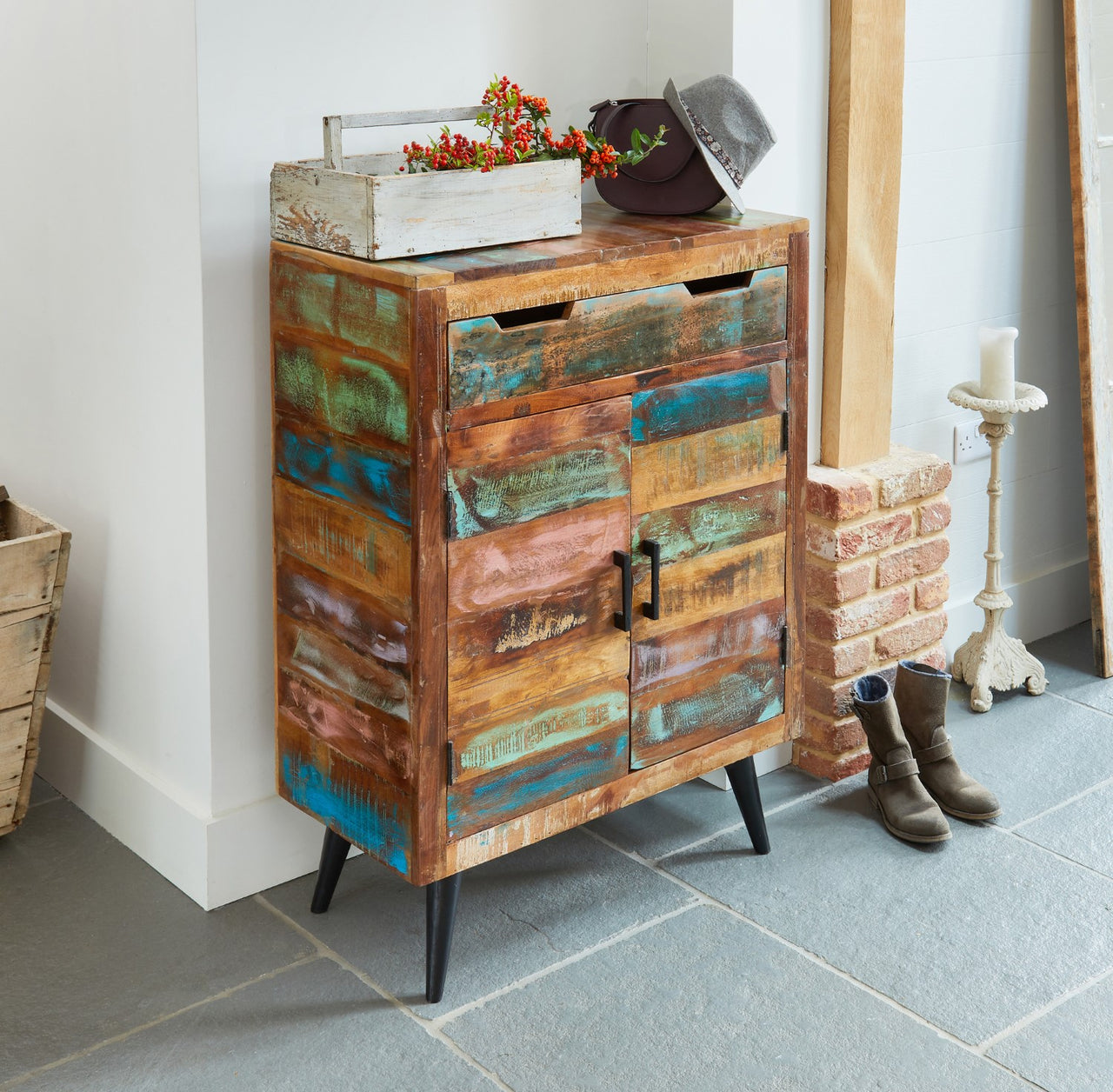 Rustic Painted Wooden Shoe Cupboard