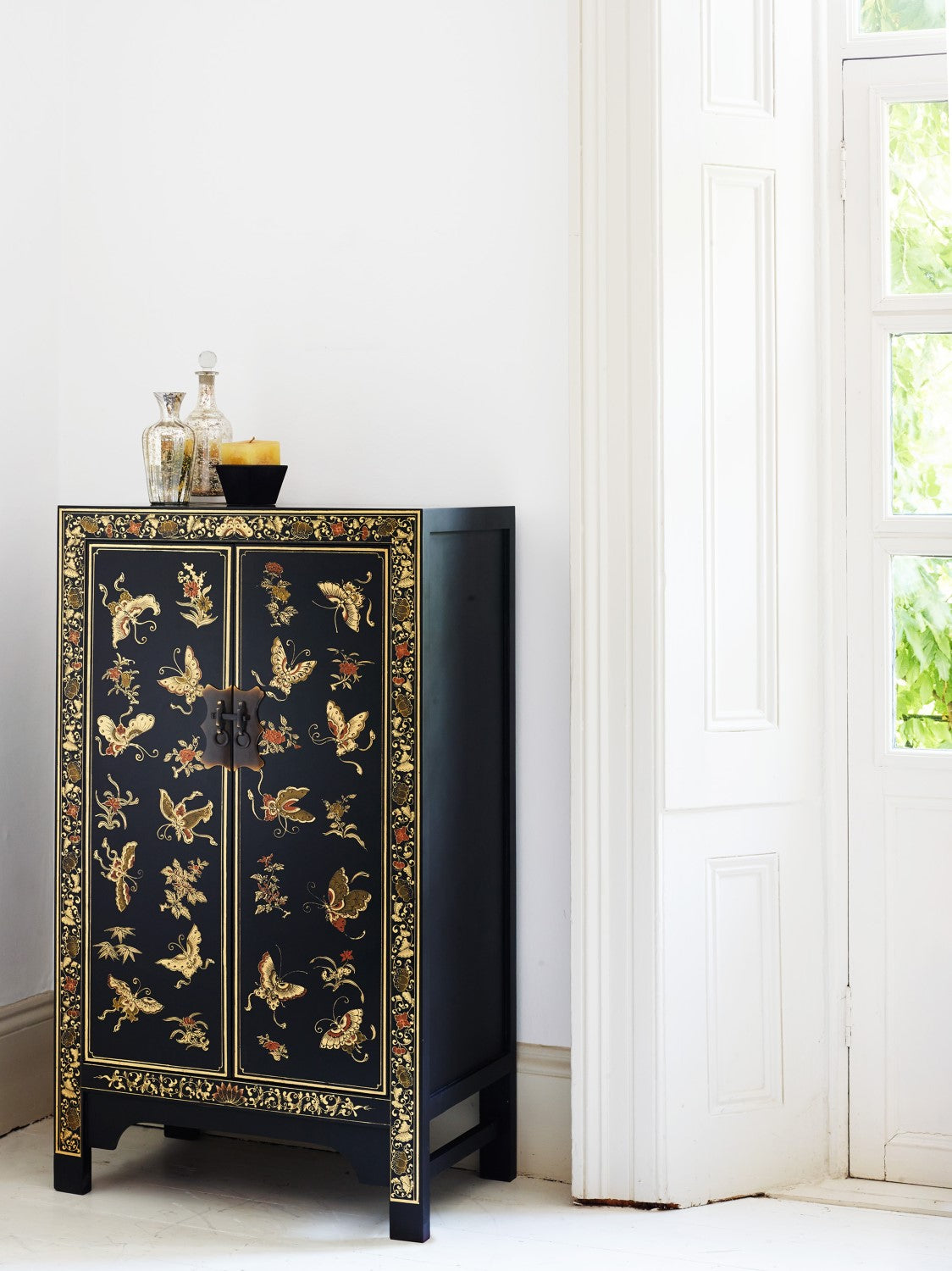 Chinese Black and Gold Painted Storage Cabinet Oriental Style