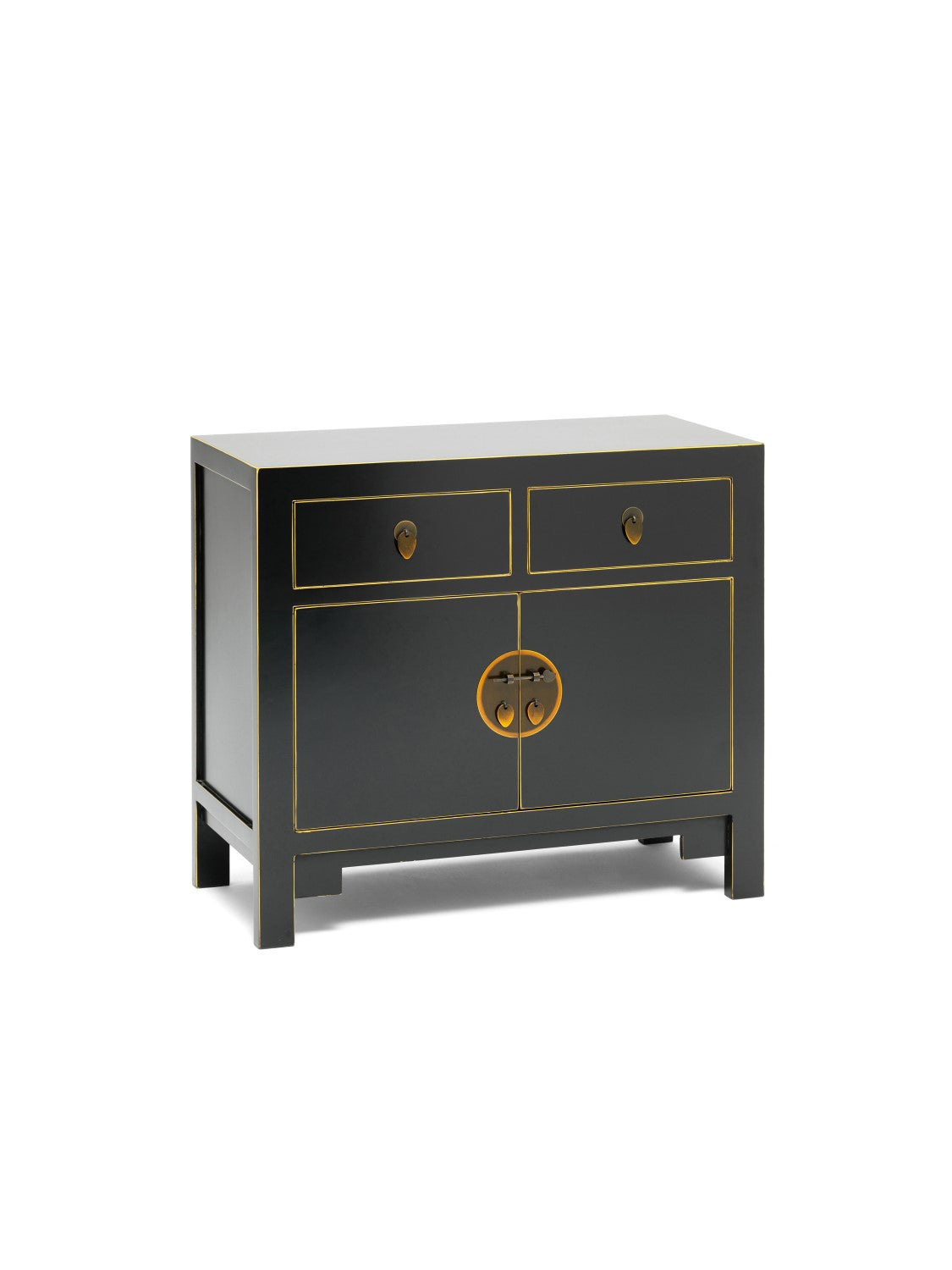 Chinese Painted Black and Gilt Wooden Small 2 Door 2 Drawer Sideboard Cupboard