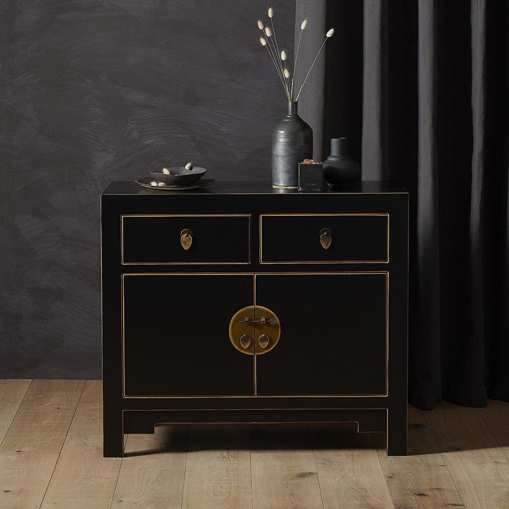 Chinese Painted Black and Gilt Wooden Small 2 Door 2 Drawer Sideboard Cupboard