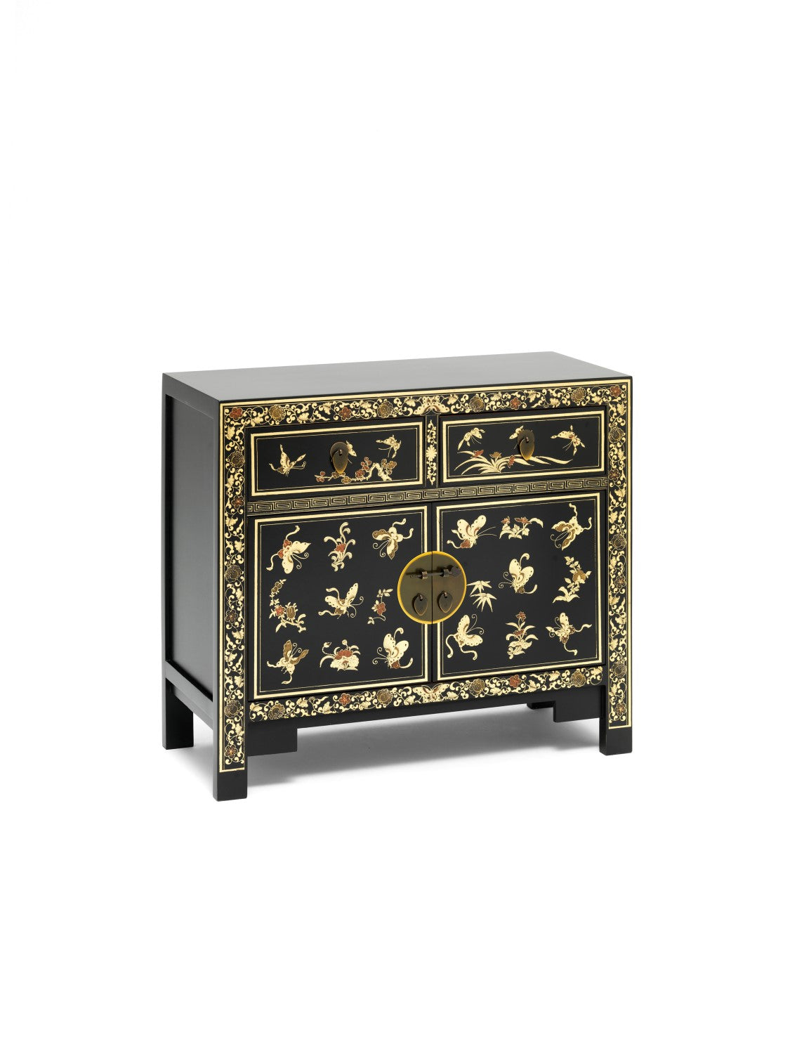 Chinese Oriental Gold Art Painted Black Sideboard 2 Doors and Drawers