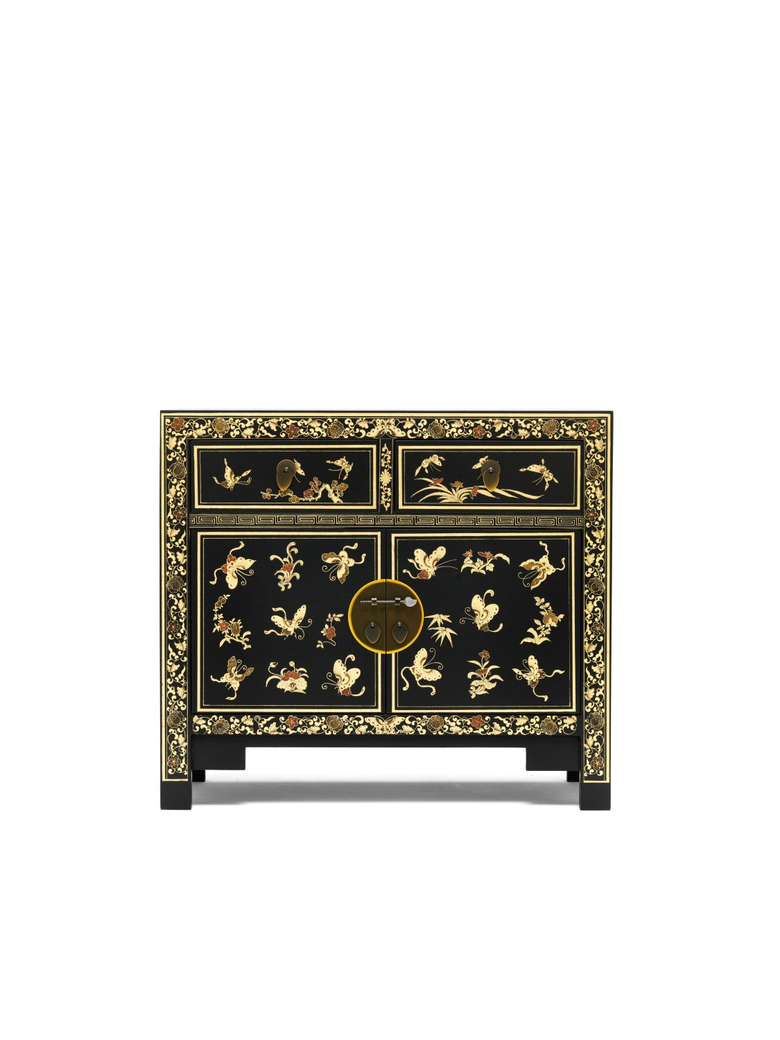 Chinese Oriental Gold Art Painted Black Sideboard 2 Doors and Drawers