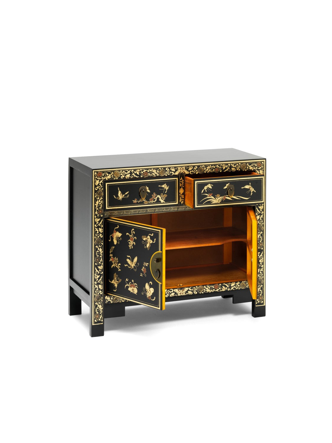 Chinese Oriental Gold Art Painted Black Sideboard 2 Doors and Drawers