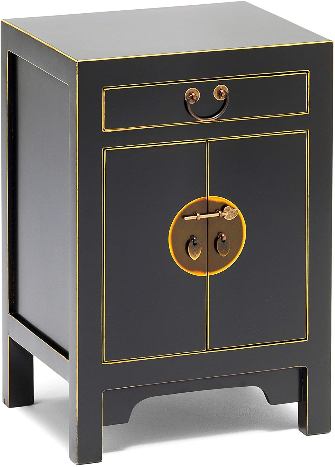 Chinese Black Painted High Gloss and Gilt Small Cabinet 2 Doors 1 Drawer