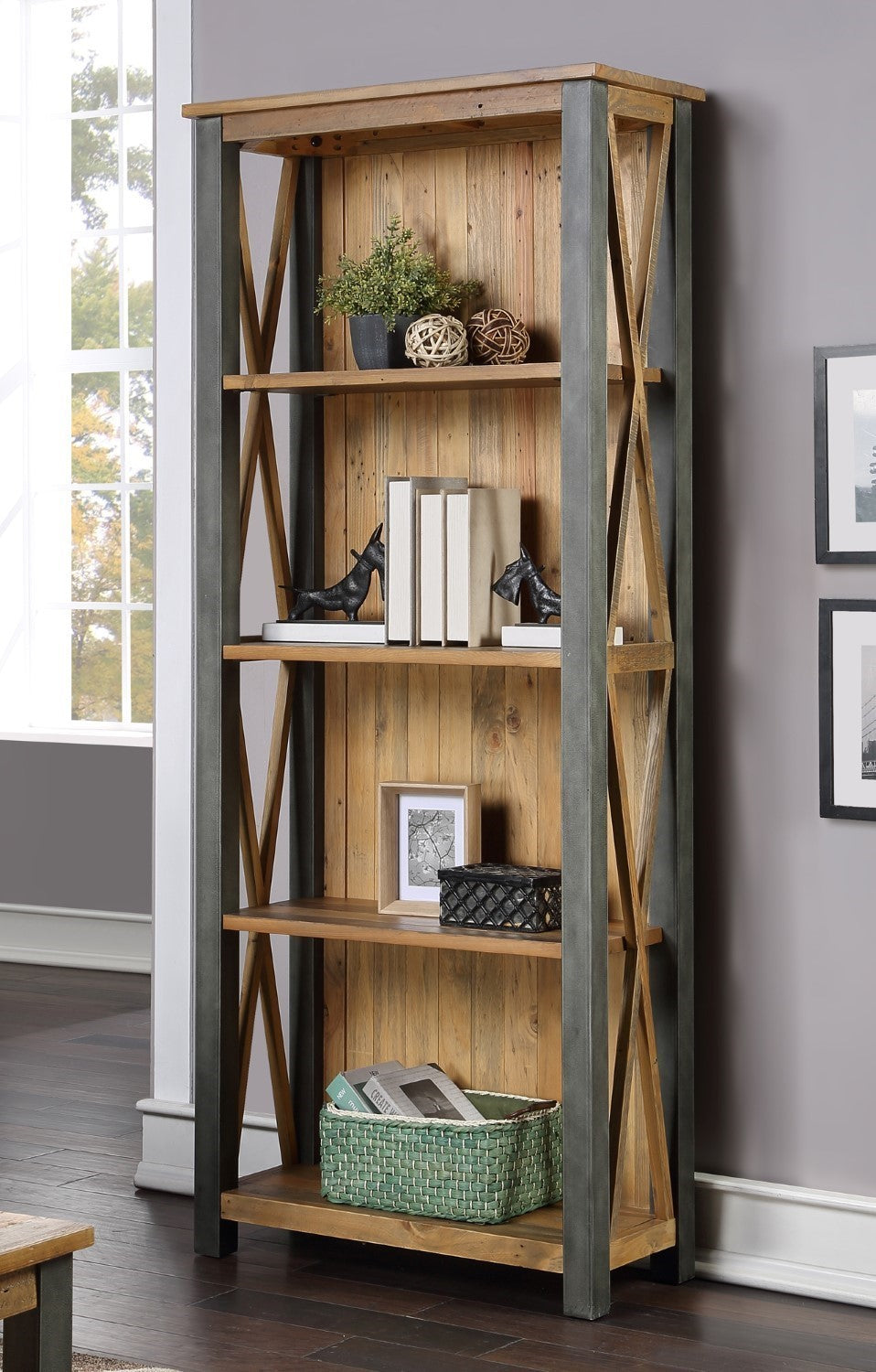 Industrial Reclaimed Wood Metal 180cm Tall Narrow Bookcase 4 Shelves