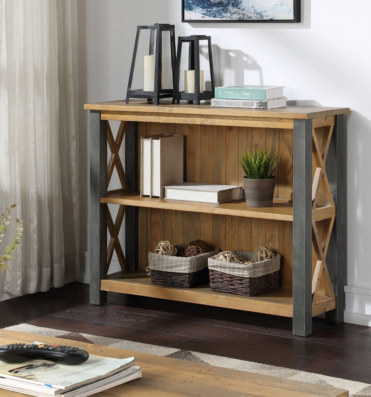 Reclaimed Wood Small Low Bookcase Metal Frame