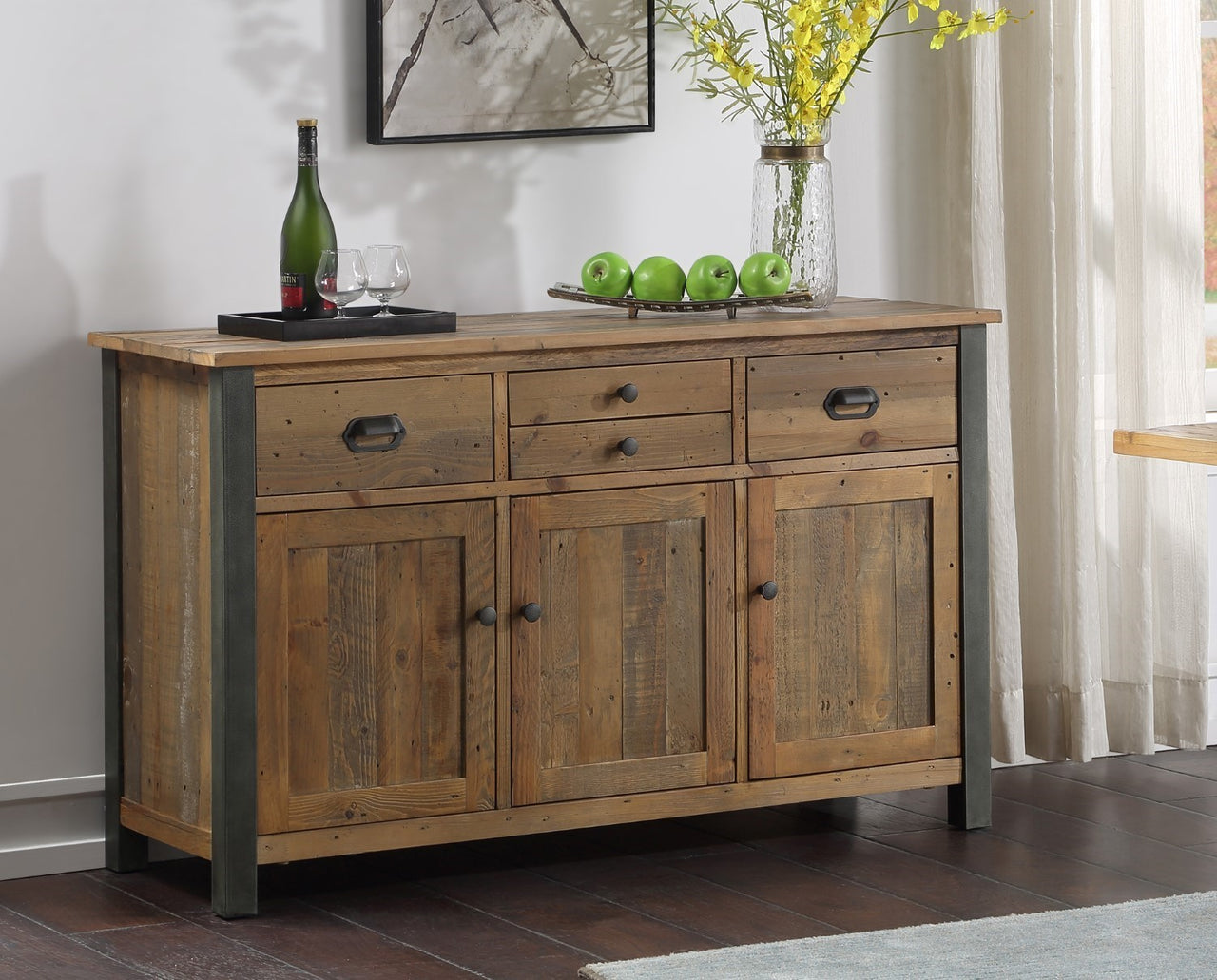 Industrial Reclaimed Brown Wood Sideboard Buffet 3 Cupboards 4 Drawers