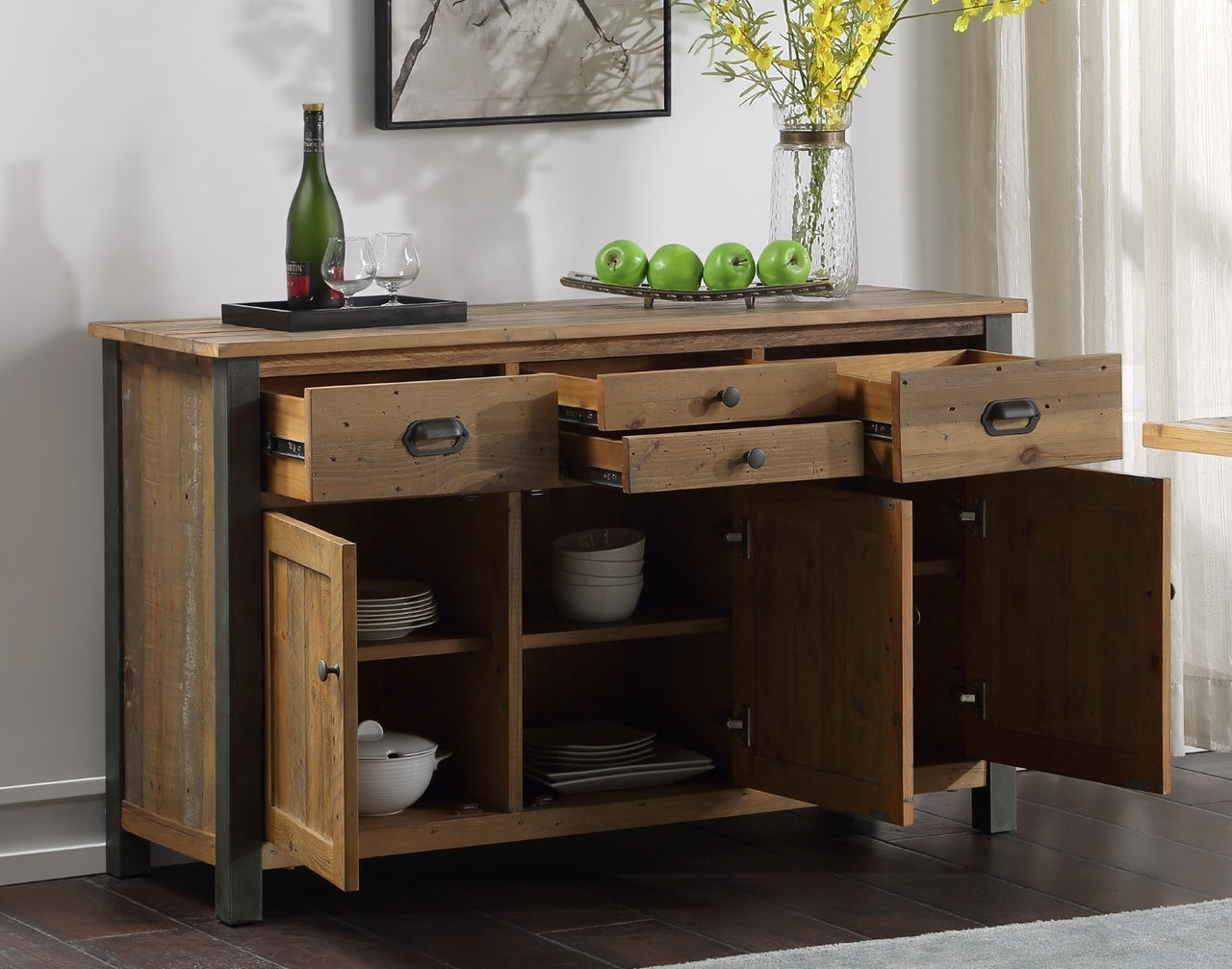 Industrial Reclaimed Brown Wood Sideboard Buffet 3 Cupboards 4 Drawers