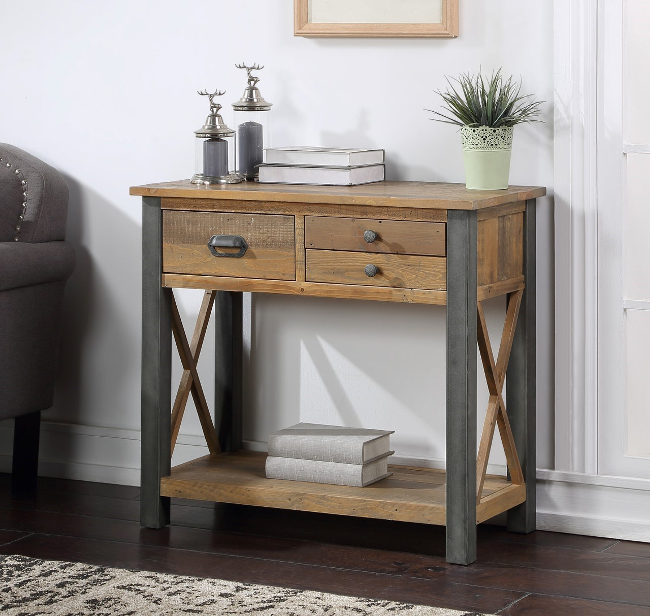 Reclaimed Wood 3 Drawer Small Size Console Table With Underneath Shelf