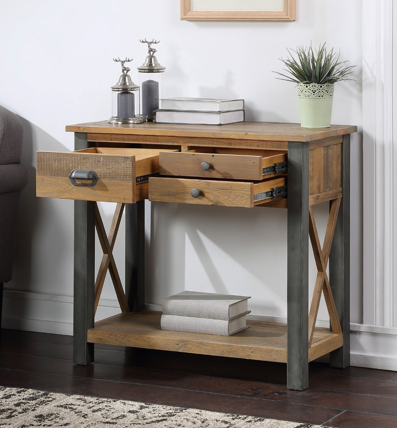 Reclaimed Wood 3 Drawer Small Size Console Table With Underneath Shelf