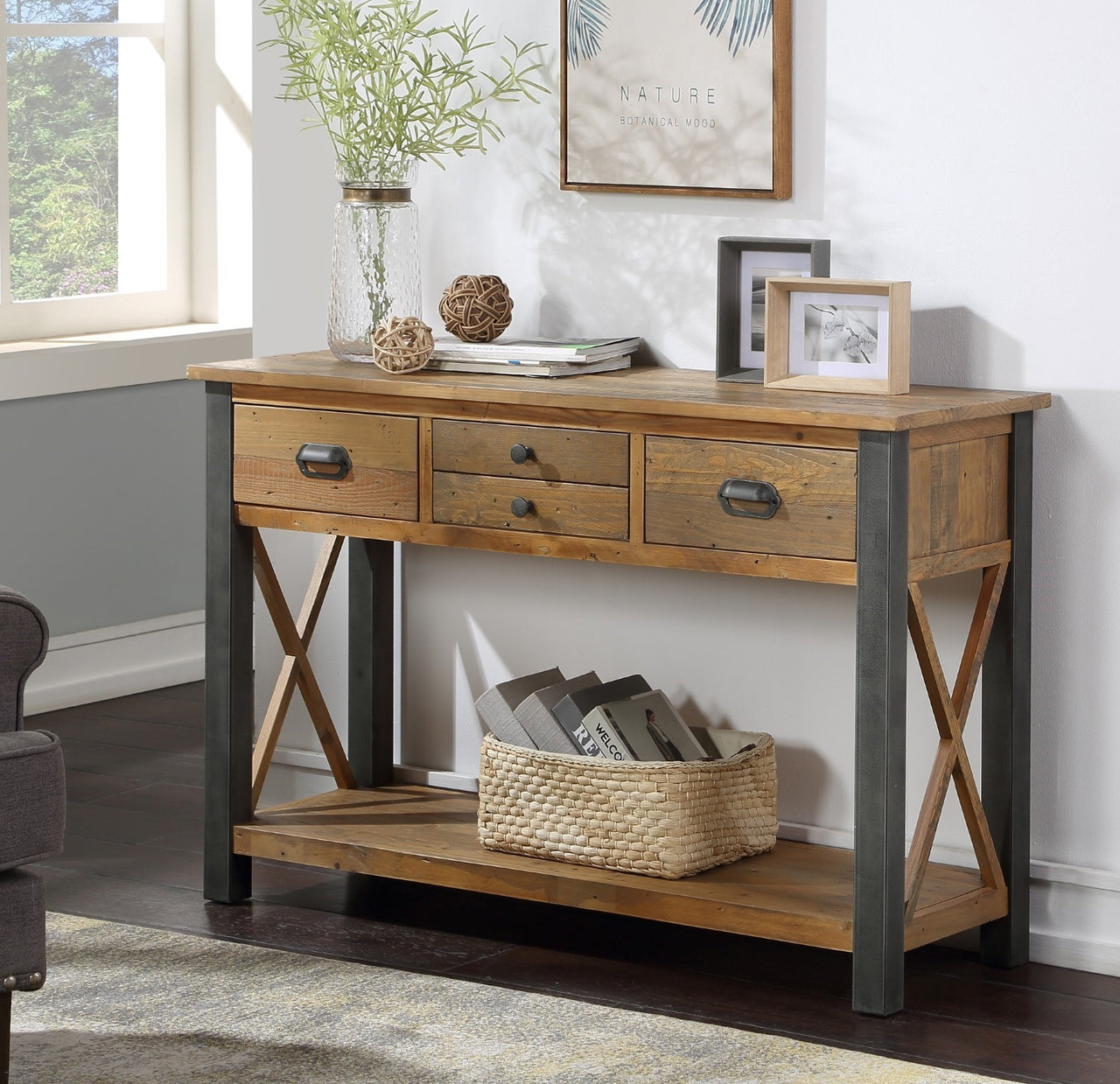 Reclaimed Wood 4 Drawer Console Table With Shelf