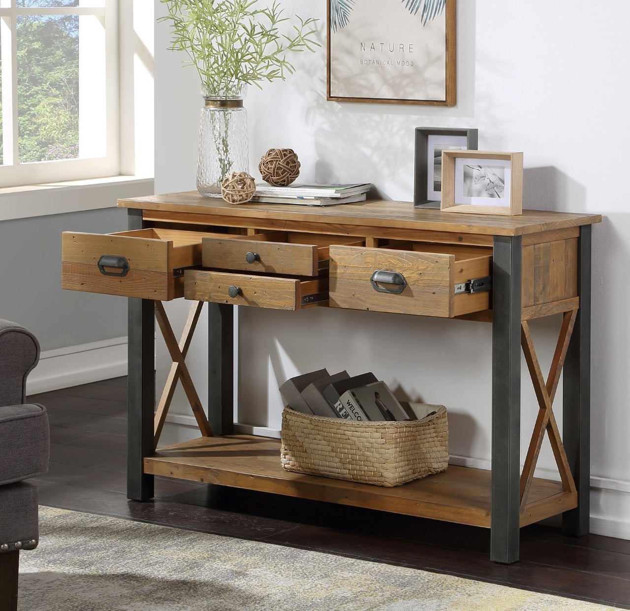 Reclaimed Wood 4 Drawer Console Table With Shelf