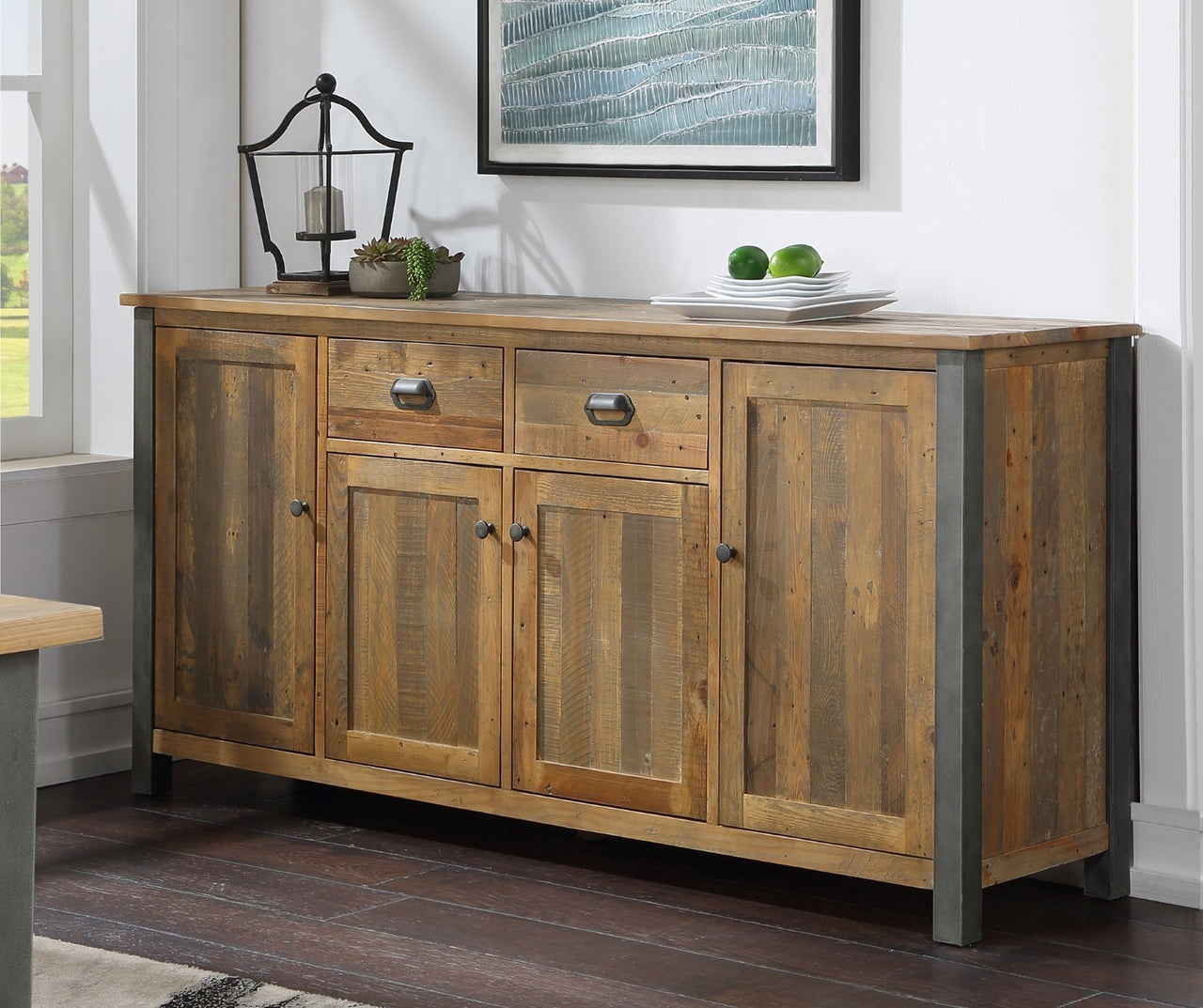 Industrial Reclaimed Wood Extra Large Sideboard Brown 4 Doors 2 Drawers