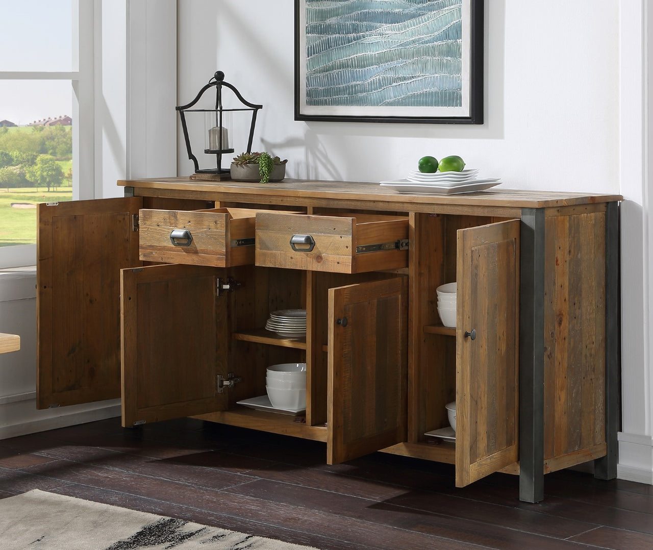 Industrial Reclaimed Wood Extra Large Sideboard Brown 4 Doors 2 Drawers