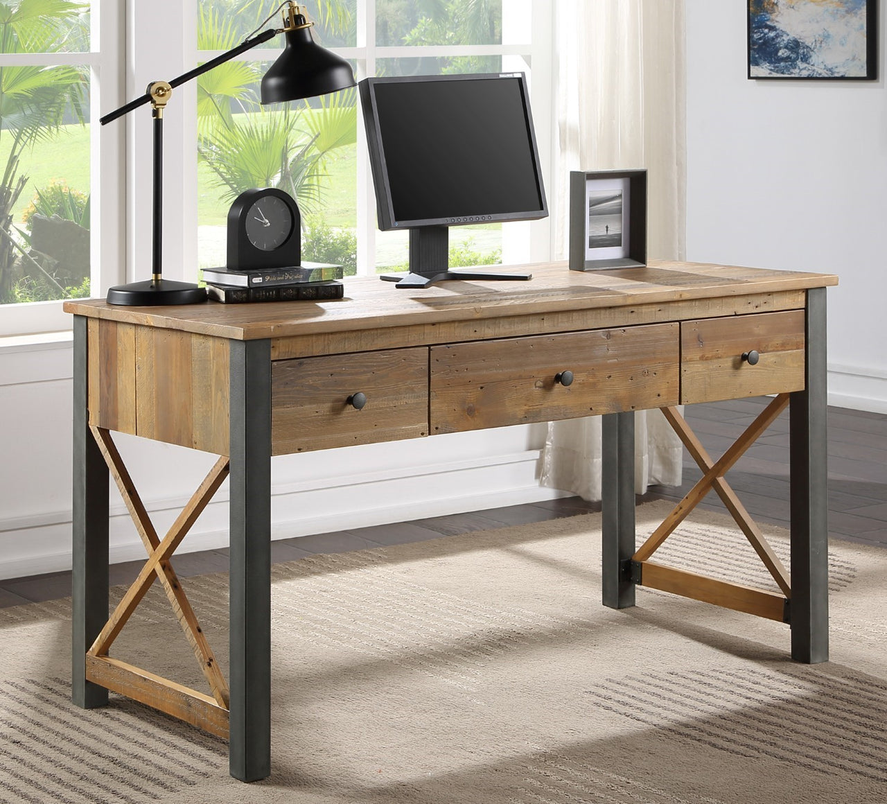 Industrial Reclaimed Wood 3 Drawer Home Office Desk Dressing Table