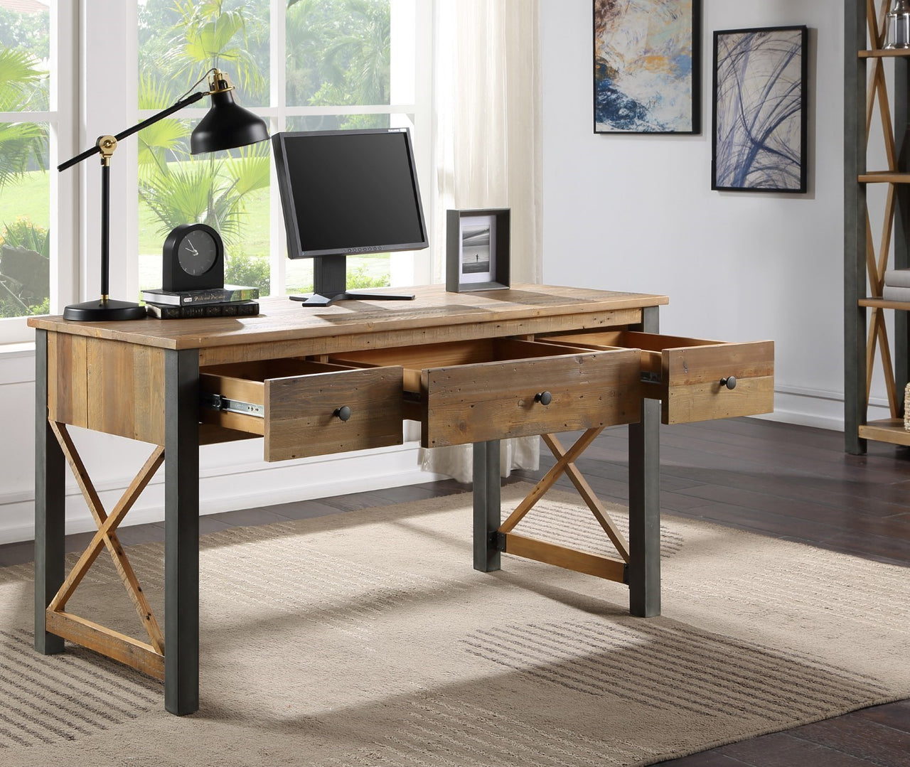 Industrial Reclaimed Wood 3 Drawer Home Office Desk Dressing Table