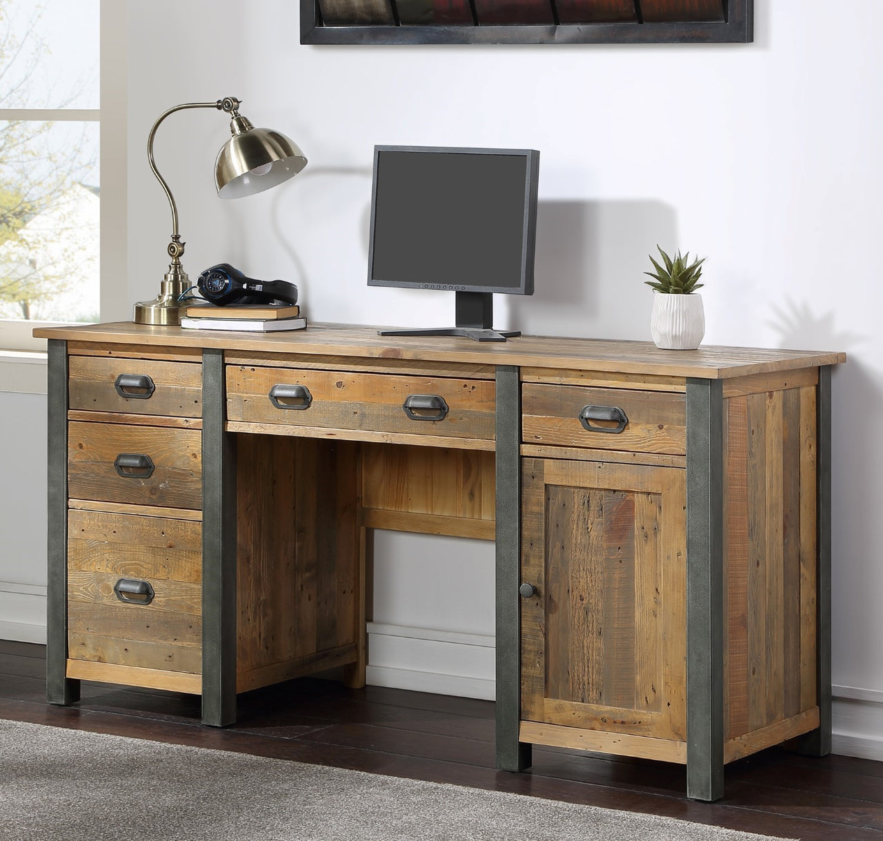 Industrial Reclaimed Wood Large Twin Pedestal Desk