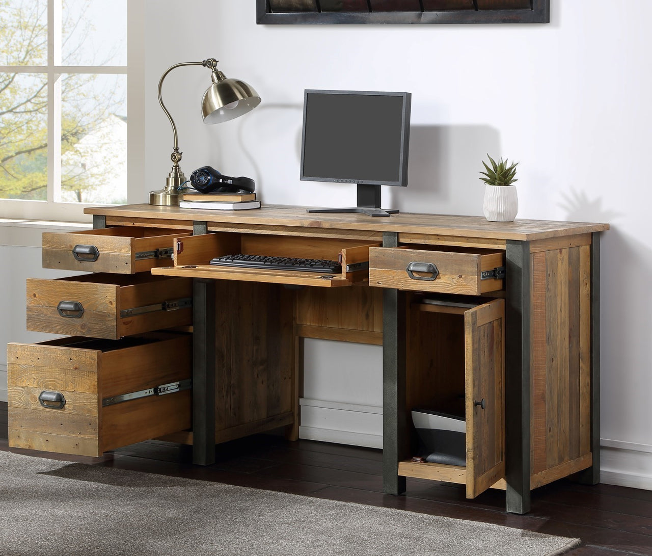 Industrial Reclaimed Wood Large Twin Pedestal Desk