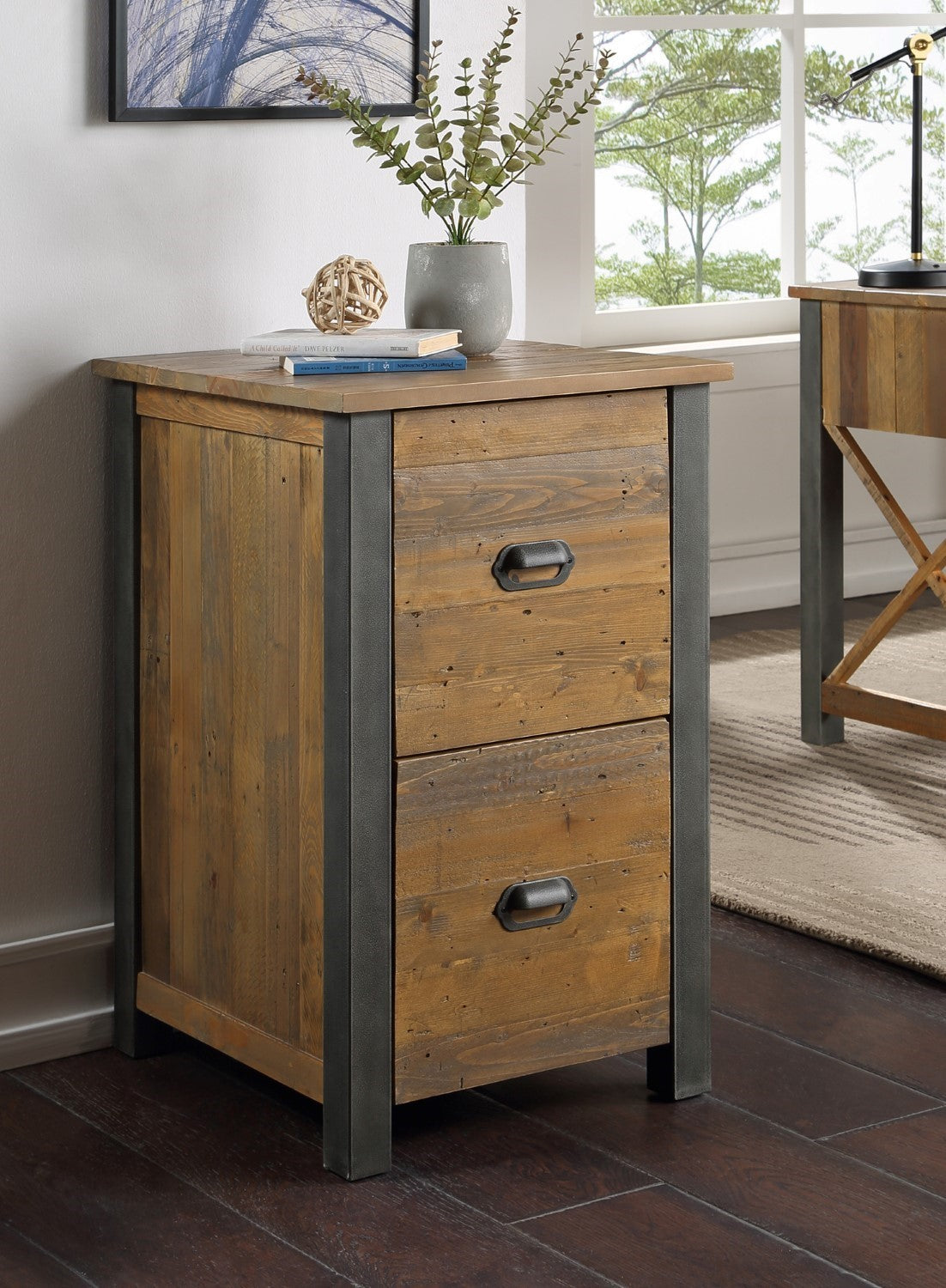 Reclaimed Wood Industrial Distressed 2 Drawer Home Office Filing Cabinet