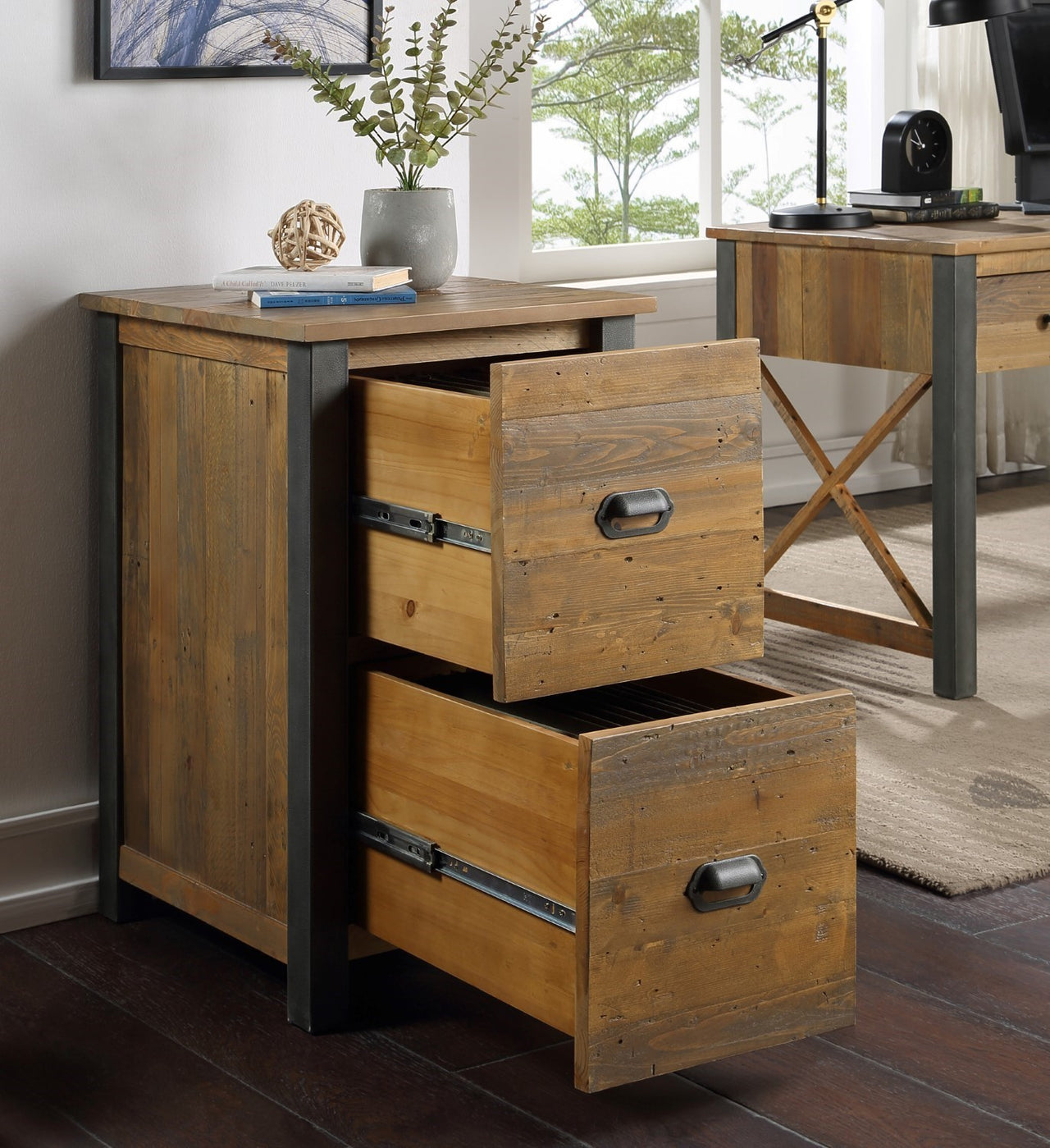 Reclaimed Wood Industrial Distressed 2 Drawer Home Office Filing Cabinet