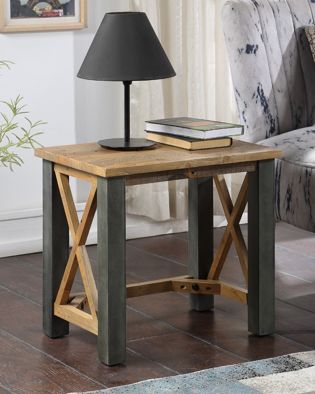 Reclaimed Wood And Steel Cross Framed Lamp End Table Open Front Side